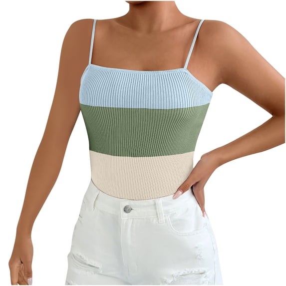 Ahdbta Womens Camisole Tops Striped Color Block Square Neck Ribbed Tank Tops Spaghetti Straps Sleeveless Summer Shirts
