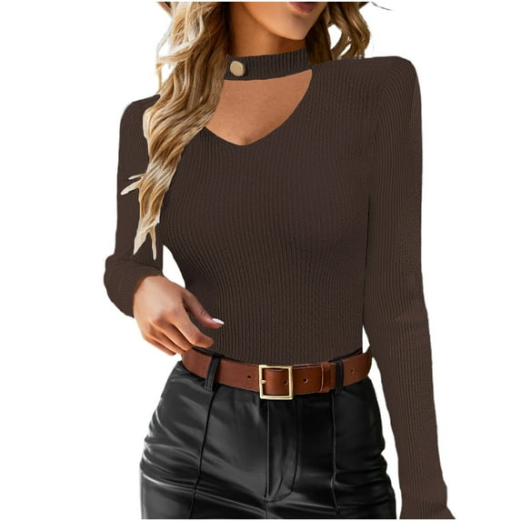 Ahdbta Womens Choker Neck Tops Fall Long Sleeve Slim Fitted Y2K Shirts Dressy Casual Ribbed Knit Cutout Blouses