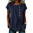 thumbnail image 1 of Ahdbta Womens Cotton Linen Tops Summer Short Sleeve Round Neck Button Babydoll Shirts Casual Loose Fit Cute Peplum Blouse, 1 of 6