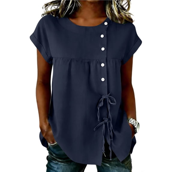 Ahdbta Womens Cotton Linen Tops Summer Short Sleeve Round Neck Button Babydoll Shirts Casual Loose Fit Cute Peplum Blouse