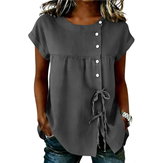 Ahdbta Womens Cotton Linen Tops Summer Short Sleeve Round Neck Button Babydoll Shirts Casual Loose Fit Cute Peplum Blouse