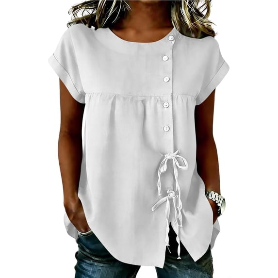 Ahdbta Womens Cotton Linen Tops Summer Short Sleeve Round Neck Button Babydoll Shirts Casual Loose Fit Cute Peplum Blouse