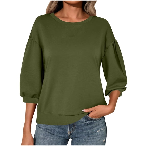 Ahdbta Womens Crewneck Sweatshirts Dressy Casual Puff 3/4 Length Sleeve Loose Fit Shirts Lightweight Fall Pullover Tops
