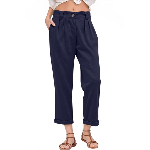 Ahdbta Womens Cropped Corduroy Pants Elastic High Waist Retro Trousers Casual Straight Leg Baggy Capri Pants with Pockets