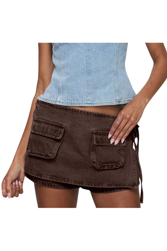 Womens Denim Skorts Y2k Low Waist Cargo Denim Mini Skirts with Shorts Button Down Bodycon Pencil Jean Skirts