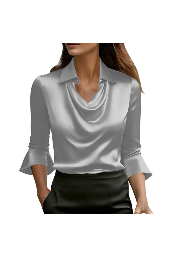 Womens Elegant Cowl Neck Satin Blouse 3/4 Length Sleeve Tops Dressy Business Casual Office Work Silk Shirt