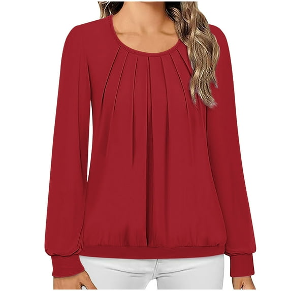 Ahdbta Womens Fall Shirts Dressy Casual Long Sleeve Pleated Round Neck Tunic Tops Solid Color Loose Fitted Office Work Blouses
