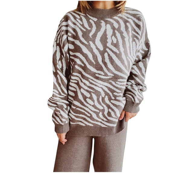 Ahdbta Womens Fall Sweaters Long Sleeve Crewneck Casual Jumper Tops Trendy Printed Loose Fitted Comfy Chunky Knitted Tops