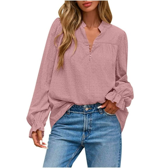 Ahdbta Womens Fall Tops Boho Solid V Neck Fashion Casual Puff Long Sleeve Button Blouses Dressy Henley Work Shirts