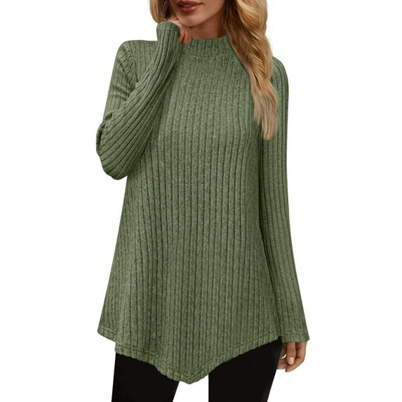 Ahdbta Womens Fall Tunic Tops Ribbed Long Sleeve Shirts Dressy Mock Turtleneck Lightweight Sweaters Asymmetrical Hem Tops