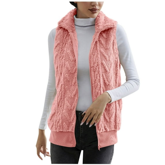 Ahdbta Womens Fuzzy Fleece Vest Casual Full Zipper Warm Sleeveless Jackets Solid Color Loose Fitted Lapel Collar Winter Vests