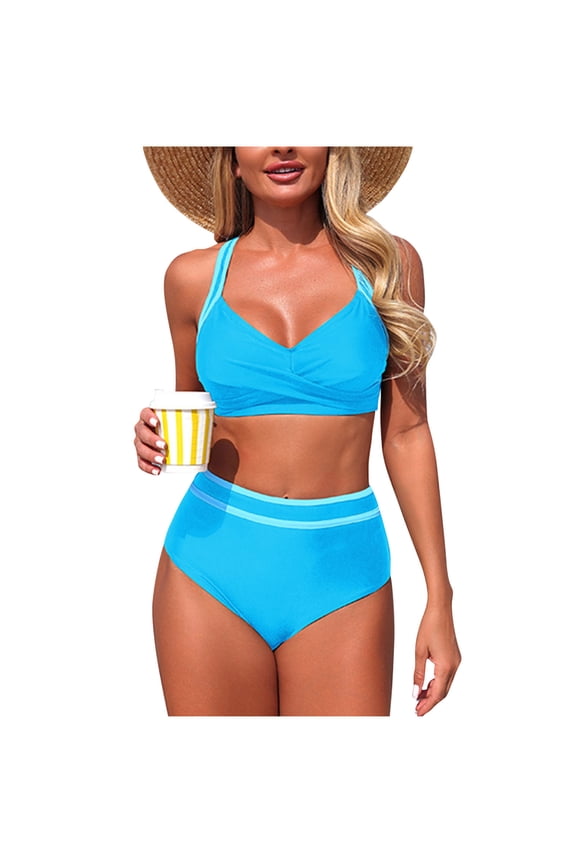 Womens High Waisted Bikini Sets Two Piece Swimsuits Sporty Tummy Control Bathing Suit Color Block Twist Front Cross Back Swinwear