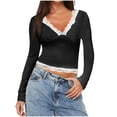 thumbnail image 1 of Ahdbta Womens Long Sleeve Crop Tops Lace Trim V Neck Tees Y2K Spring Fall Slim Fitted T Shirts Going Out Blouse, 1 of 5