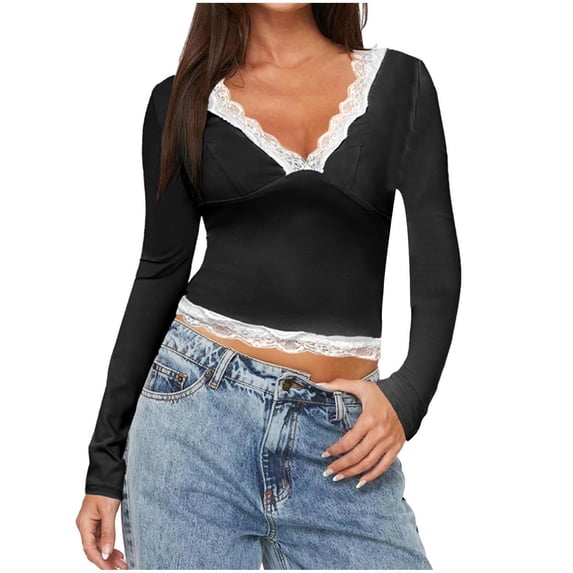 Ahdbta Womens Long Sleeve Crop Tops Lace Trim V Neck Tees Y2K Spring Fall Slim Fitted T Shirts Going Out Blouse