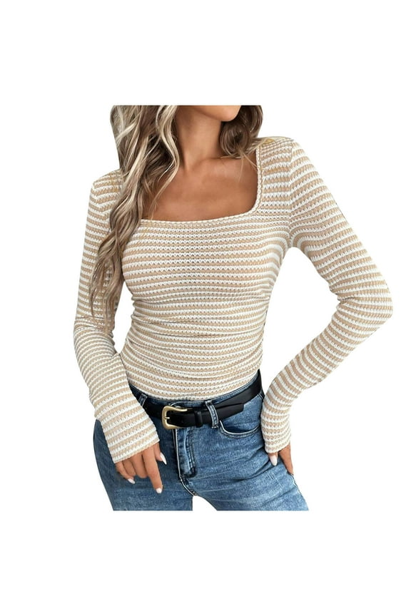 Womens Long Sleeve Shirts Fall Casual Square Neck Slim Fit Striped Knitted Crop Tops Lightweight Basic Pullover Y2k Sweater