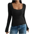 thumbnail image 1 of Ahdbta Womens Long Sleeve Shirts Lace Trim Square Neck Ribbed Knit Tops Slim Fitted Casual Basic Tees Fall Fashion Y2k Crop Tops, 1 of 5