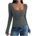 thumbnail image 1 of Ahdbta Womens Long Sleeve Shirts Lace Trim Square Neck Ribbed Knit Tops Slim Fitted Casual Basic Tees Fall Fashion Y2k Crop Tops, 1 of 5