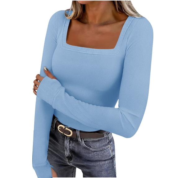 Ahdbta Womens Long Sleeve Tops Square Neck Ribbed Knitted Slim Fitted Casual Tees Blouse Solid Color Basic Y2K Shirts