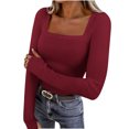 thumbnail image 1 of Ahdbta Womens Long Sleeve Tops Square Neck Ribbed Knitted Slim Fitted Casual Tees Blouse Solid Color Basic Y2K Shirts, 1 of 9
