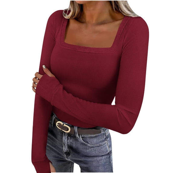 Ahdbta Womens Long Sleeve Tops Square Neck Ribbed Knitted Slim Fitted Casual Tees Blouse Solid Color Basic Y2K Shirts
