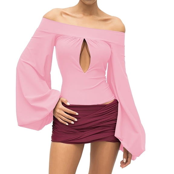Ahdbta Womens Off Shoulder Tops Dressy Casual Lantern Long Sleeve Shirts Y2K Cut Out Elegant Slim Fit Evening Cocktail Party Blouse