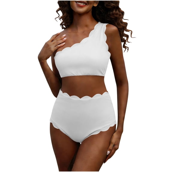 Ahdbta Womens One Shoulder Bikini Sets High Waisted Tummy Control Bathing Suits Waffle Scalloped Two Piece Swimsuit