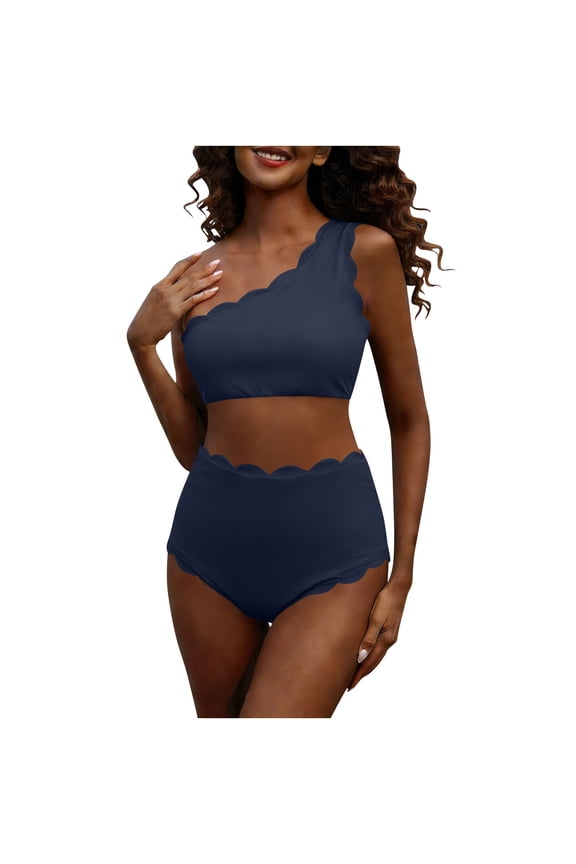 Womens One Shoulder Bikini Sets High Waisted Tummy Control Bathing Suits Waffle Scalloped Two Piece Swimsuit