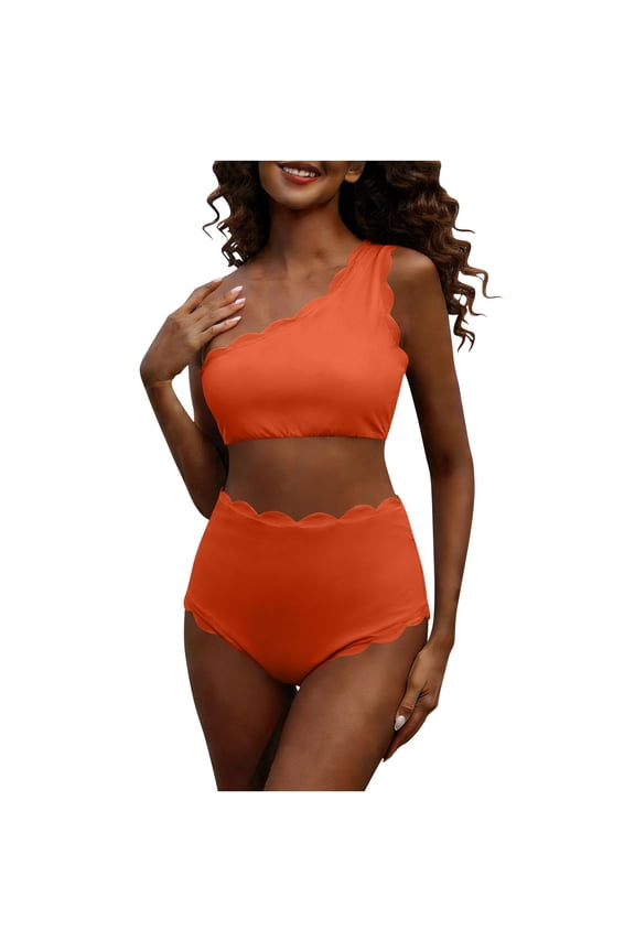 Womens One Shoulder Bikini Sets High Waisted Tummy Control Bathing Suits Waffle Scalloped Two Piece Swimsuit