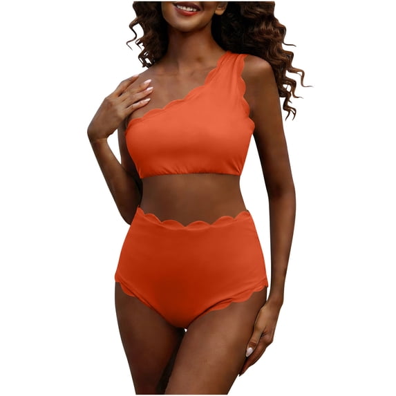 Ahdbta Womens One Shoulder Bikini Sets High Waisted Tummy Control Bathing Suits Waffle Scalloped Two Piece Swimsuit