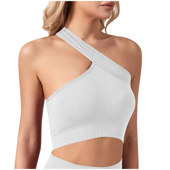 Ahdbta Womens One Shoulder Sports Bra - Sleeveless One Strap Low Impact Workout Yoga Bra Tops with Removable Padded Longline T-Shirt Bras