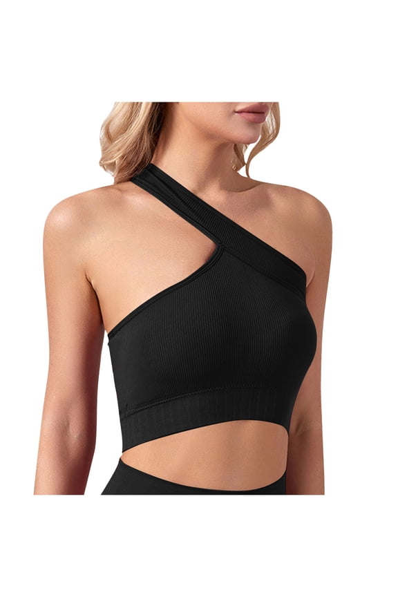Womens One Shoulder Sports Bra - Sleeveless One Strap Low Impact Workout Yoga Bra Tops with Removable Padded Longline T-Shirt Bras