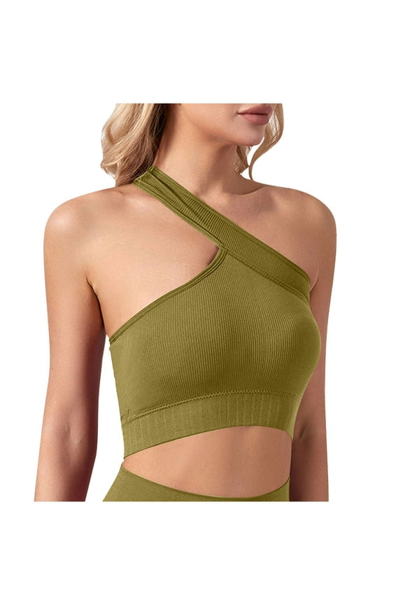 Womens One Shoulder Sports Bra - Sleeveless One Strap Low Impact Workout Yoga Bra Tops with Removable Padded Longline T-Shirt Bras