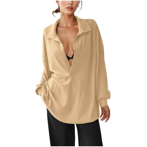 Ahdbta Womens Oversized Deep V Neck Sweatshirts Casual Collared Long Sleeve Blouse Ribbed Knit Pullover Tops