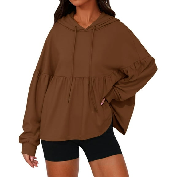 Ahdbta Womens Oversized Hoodies Sweatshirts Casual Lantern Long Sleeve Drawstring Peplum Hem Loose Hooded Lightweight Pullover Tops