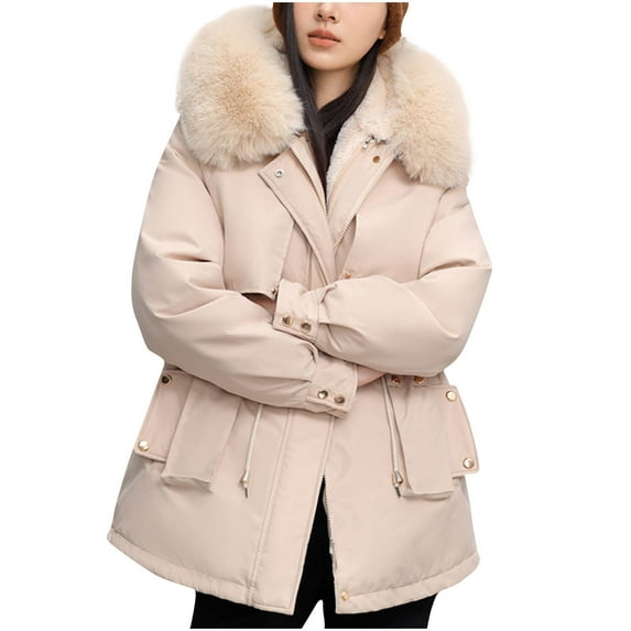Ahdbta Womens Parka Coats Tie Waisted Fleece Lined Warm Thicken Winter Jackets Button Zipper Long Sleeve Hooded Coats with Pockets