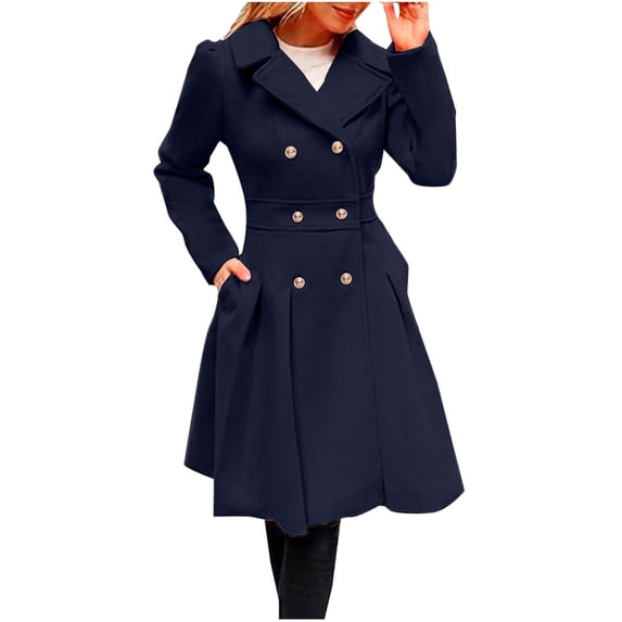Ahdbta Womens Peacoats Elegant Double Breasted Notch Lapel Collar Coats Solid Color Long Sleeve Pleated Outwears with Pockets