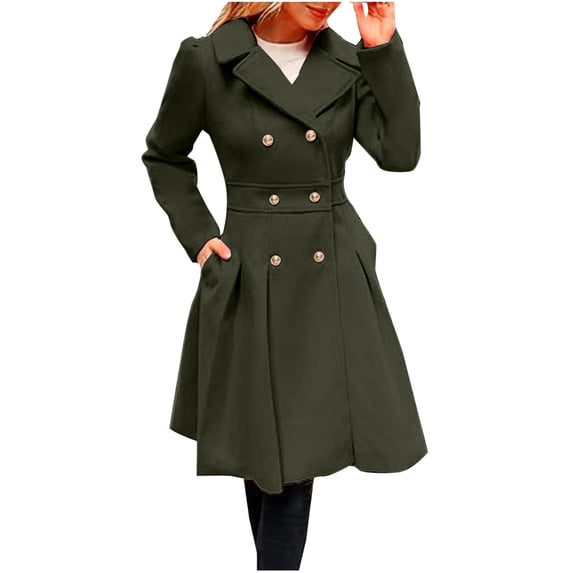 Ahdbta Womens Peacoats Elegant Double Breasted Notch Lapel Collar Coats Solid Color Long Sleeve Pleated Outwears with Pockets