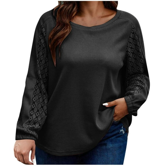Ahdbta Womens Plus Size Tops Trendy Lace Patchwork Long Sleeve Tunic Shirts Solid Color Round Neck Casual Loose Fit Blouses