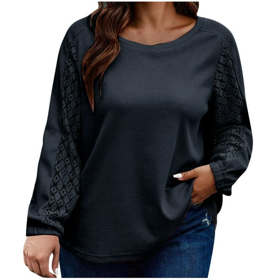 Ahdbta Womens Plus Size Tops Trendy Lace Patchwork Long Sleeve Tunic Shirts Solid Color Round Neck Casual Loose Fit Blouses