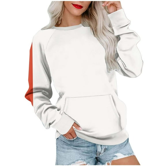 Ahdbta Womens Pullover Sweatshirts Fashion Striped Patchwork Long Sleeve Tops Crewneck Casual Going Out Tops with Pockets