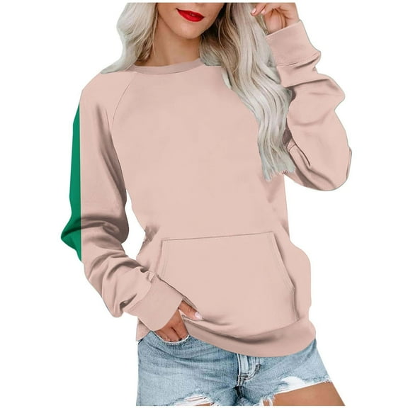 Ahdbta Womens Pullover Sweatshirts Fashion Striped Patchwork Long Sleeve Tops Crewneck Casual Going Out Tops with Pockets
