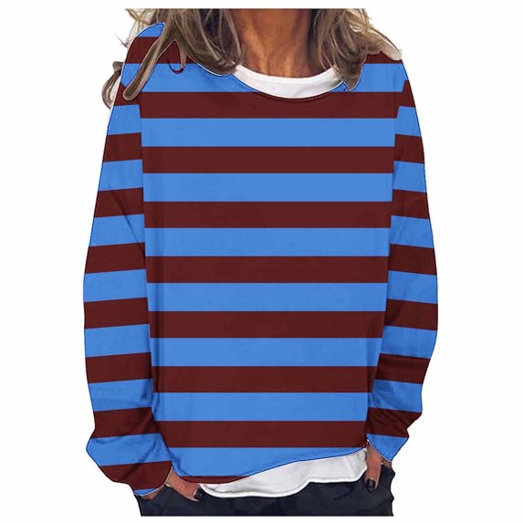 Ahdbta Womens Pullover Tops Long Sleeve Fake Two Pieces Fall Winter Sweatshirts Trendy Striped Print Casual Round Neck Tops