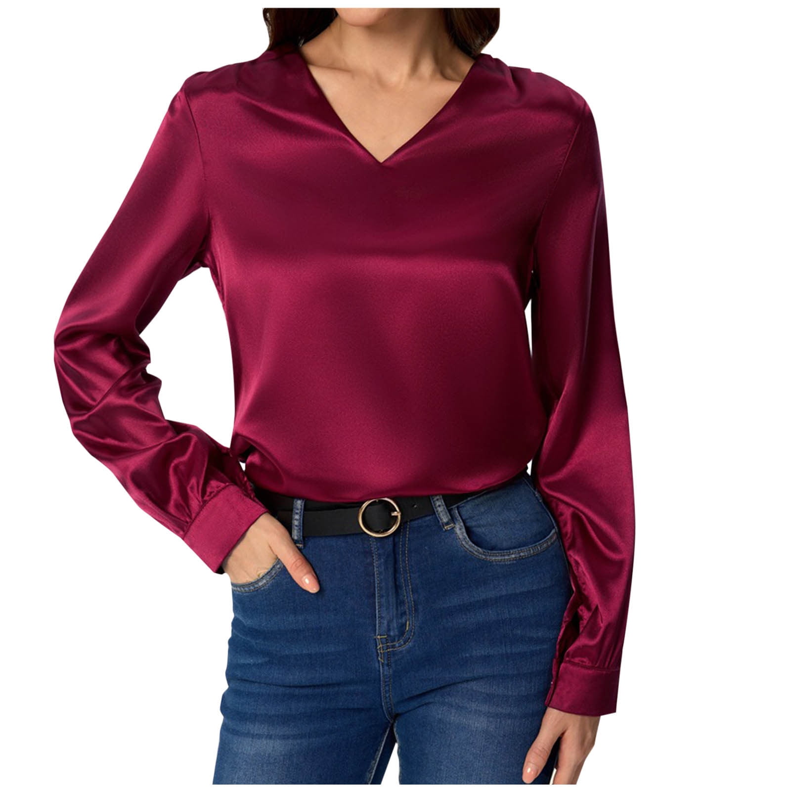 Loose Fit Satin Blouse — V-Neck Long Sleeve Tunic Top for Office & Casual Wear