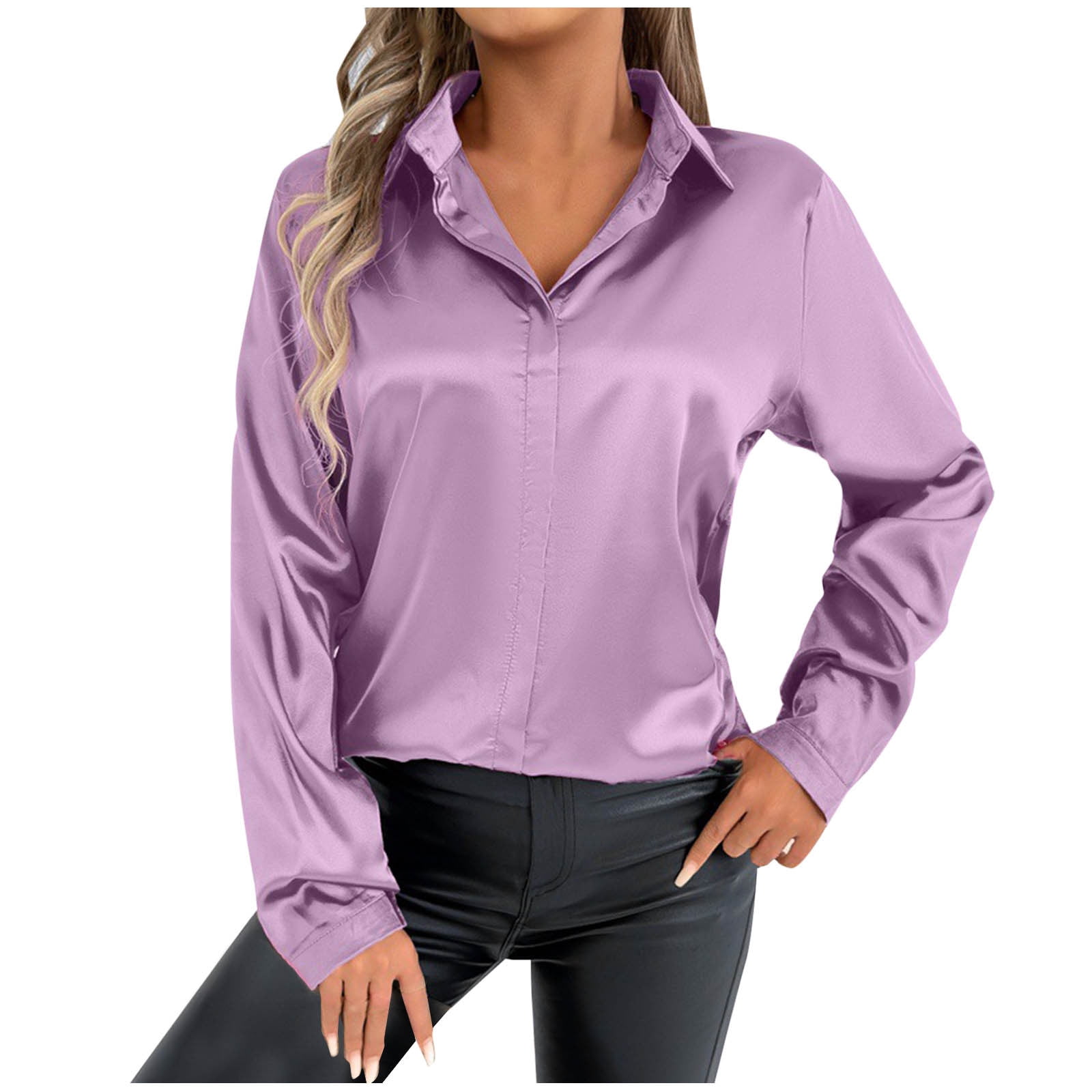 Women S Button Down Shirts Satin V Neck Long Sleeve