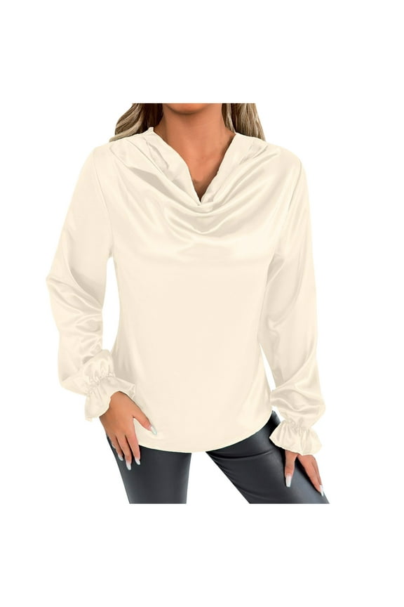 Womens Satin Silky Tops Cowl Neck Drape Ruched Front Long Sleeve Shirts Office Business Dressy Casual Blouse