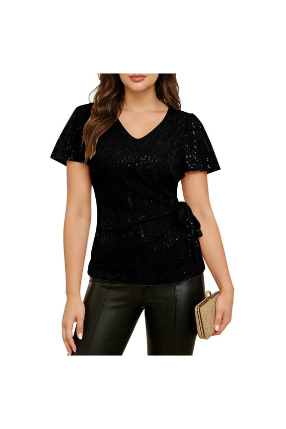 Womens Sequin Tops Ruffle Short Sleeve V-Neck Sparkly Shirts Glitter Party Dressy Blouses Side Tie Ruched Tees