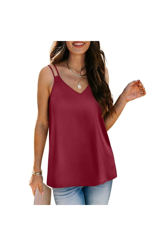 Womens Silk Satin Camisole Tank Tops V Neck Spaghetti Strap Blouses Cross Back Sleeveless Cami Shirt