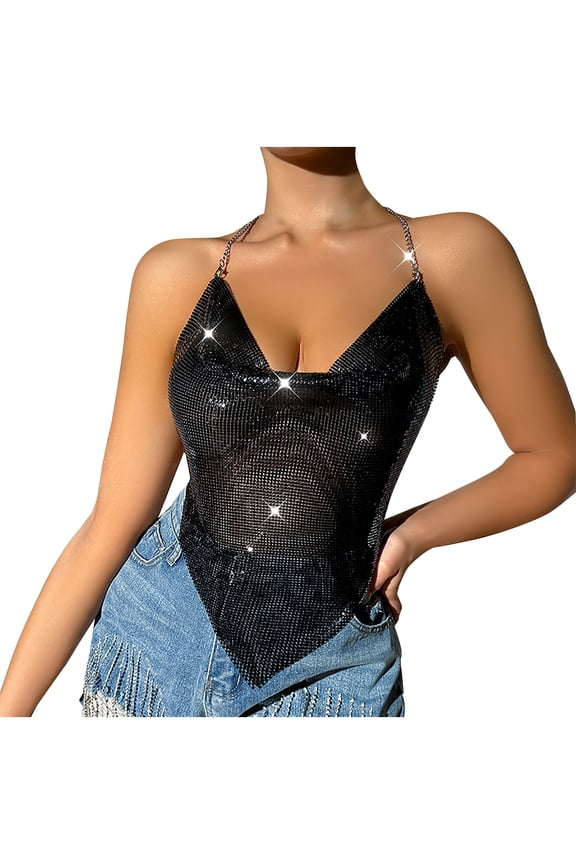 Womens Sparkly Chain Tops Sequin Halter Backless Sleeveless Cowl Neck Crop Tops Party Club Tank Shirts