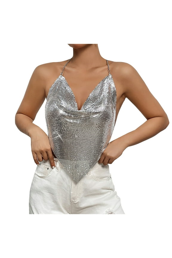 Womens Sparkly Chain Tops Sequin Halter Backless Sleeveless Cowl Neck Crop Tops Party Club Tank Shirts