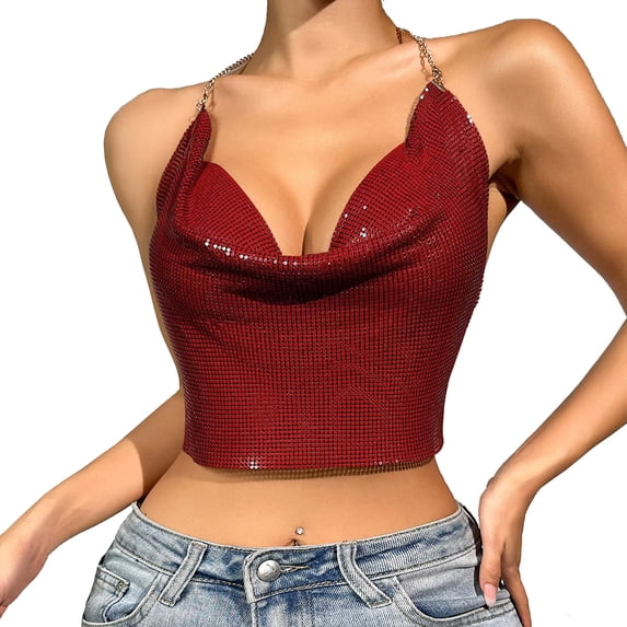 Ahdbta Womens Sparkly Chain Tops Sequin Halter Backless Sleeveless Cowl Neck Crop Tops Party Club Tank Shirts